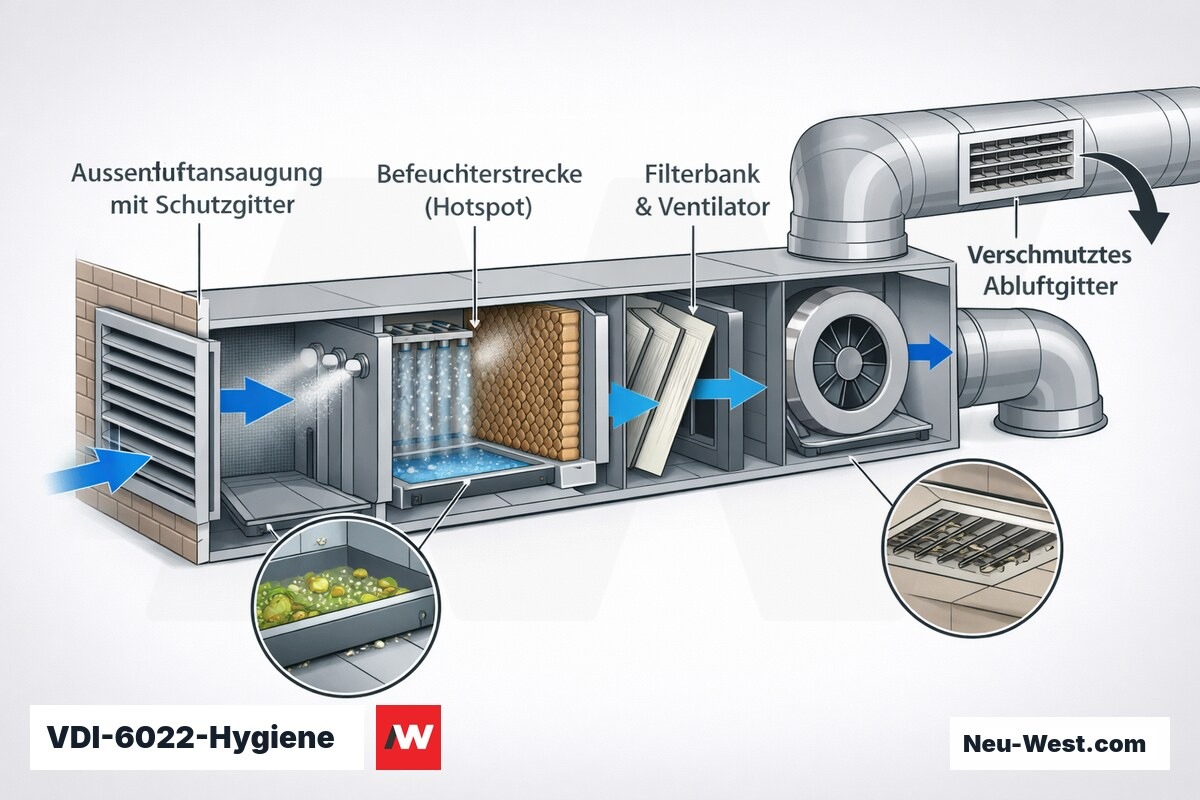 Cutaway eines Luftungsgeraets mit Außenluftansaugung, Befeuchterstrecke, verschmutztem Abluftgitter und Filterbank als hygienische Schwachstellen nach VDI 6022.