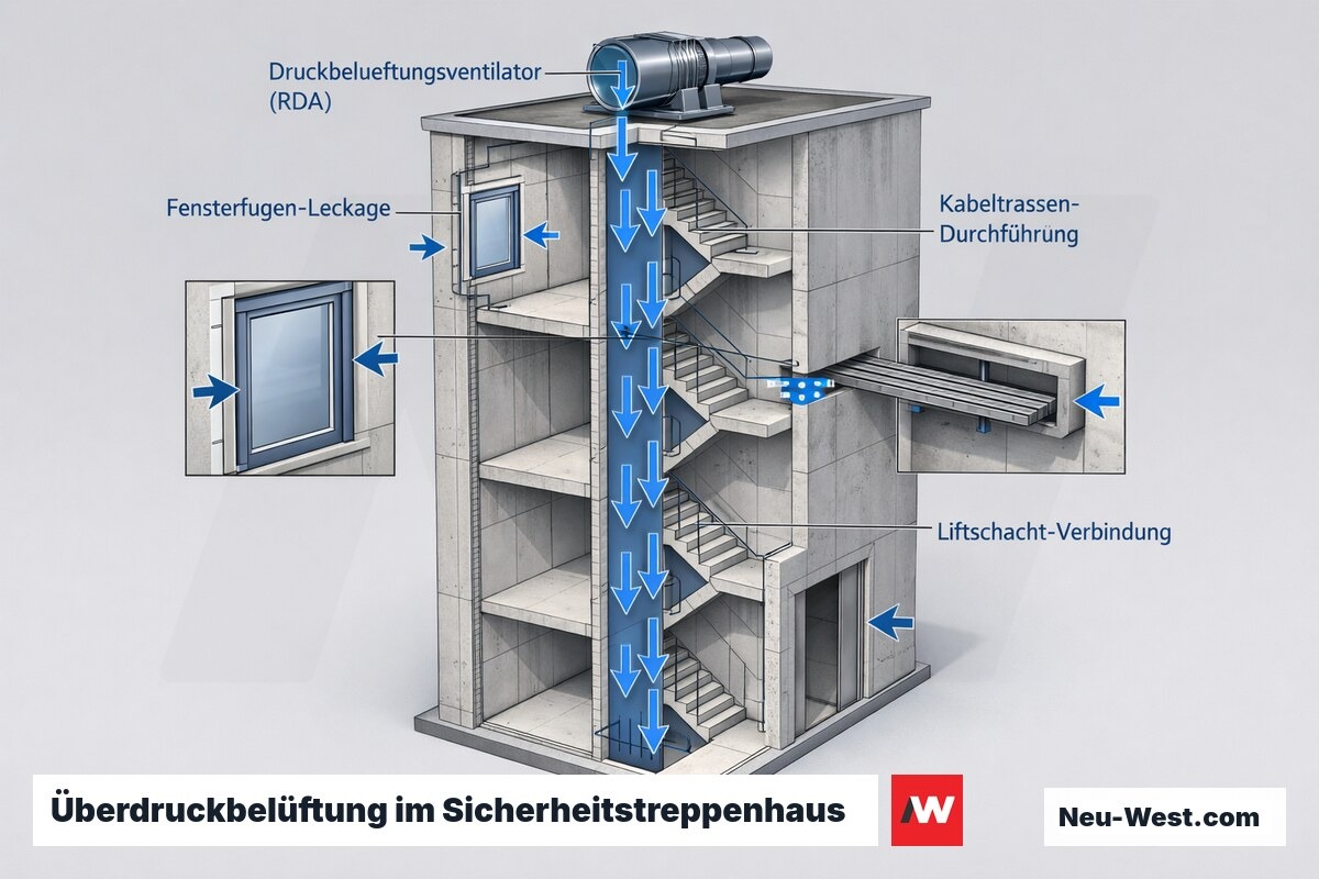 Querschnitt eines Sicherheitstreppenhauses mit Druckbelüftungsventilator und Leckagestellen an Fensterfugen, Kabeltrassen und Liftschacht