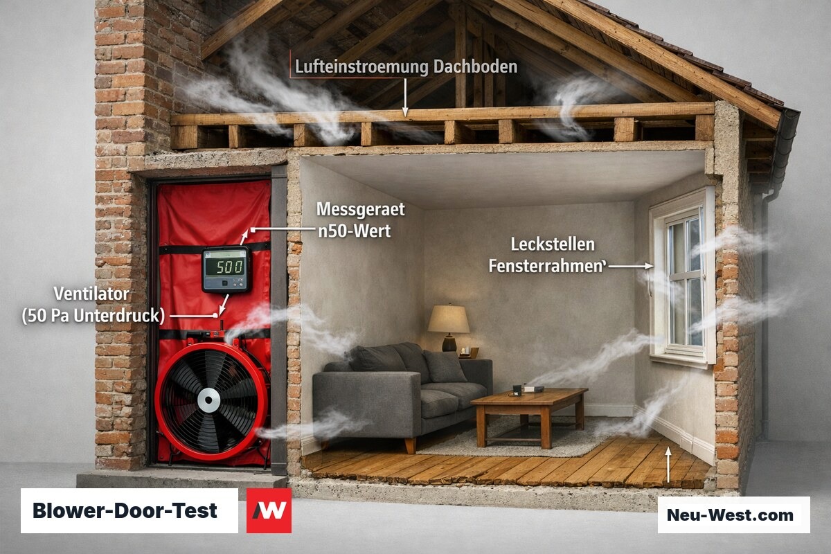 Querschnitt Altbau beim Blower-Door-Test: Ventilator in Tür erzeugt Unterdruck, Rauchfäden zeigen Leckstellen an Fenstern und Boden.