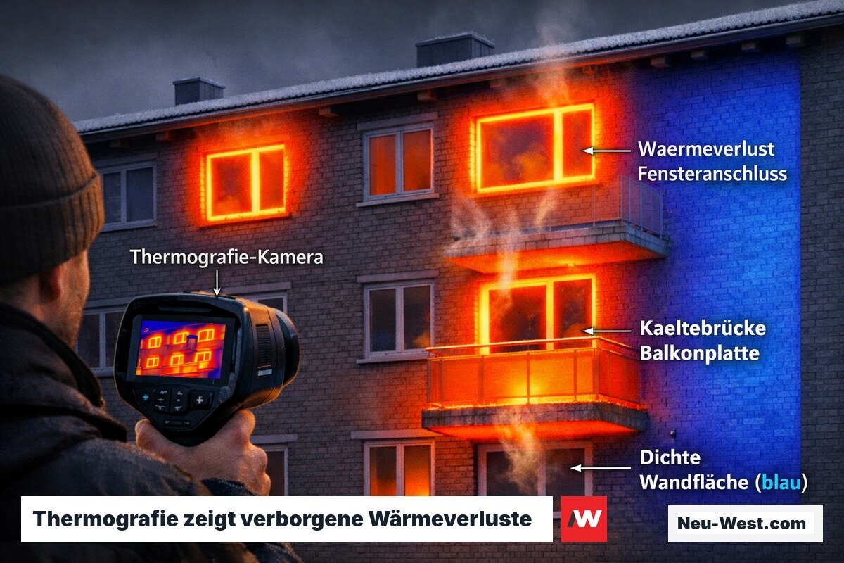 Thermografieaufnahme Altbau-Fassade: orangerote Wärmeverluste an Fenstern und Kältebrücken, blau gut gedämmte Bereiche.