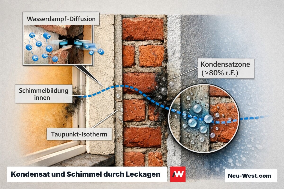 Wandquerschnitt Altbau: Wasserdampf dringt durch Leckage ein, kondensiert an kalter Schicht und fördert Schimmelbildung.