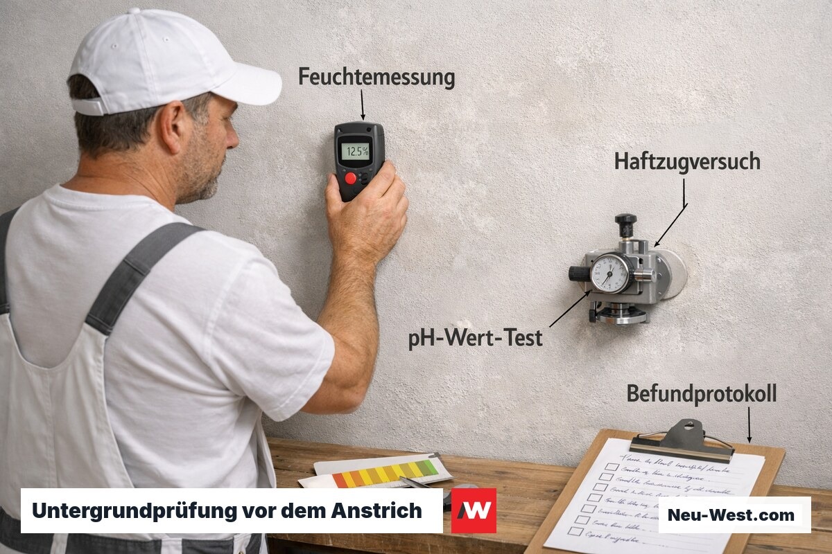 Maler prüft Wanduntergrund mit Feuchtemessgerät, pH-Streifen und Haftzugprüfer vor dem ersten Anstrich.
