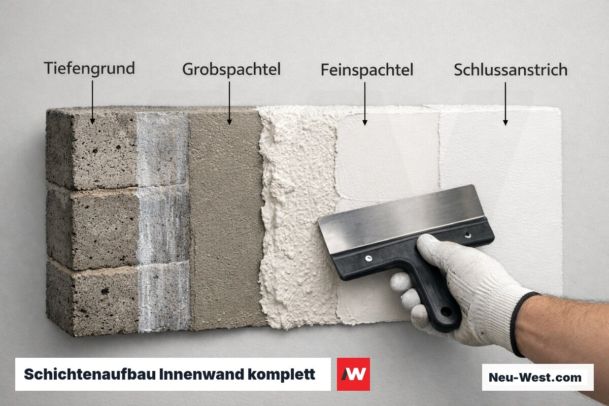 Querschnitt-Darstellung der Wandbeschichtungsschichten: Tiefengrund, Grobspachtel, Feinspachtel und Schlussanstrich.
