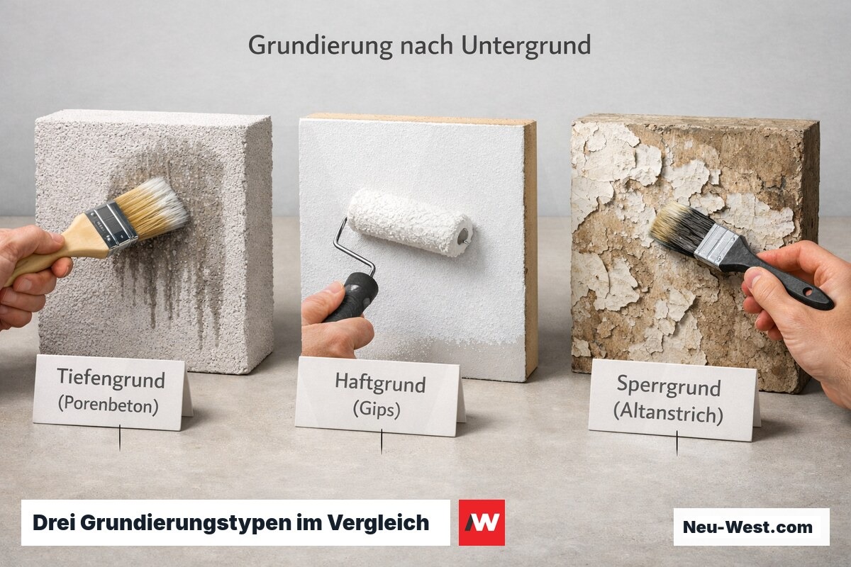 Vergleich von Tiefengrund auf Porenbeton, Haftgrund auf Gipsplatte und Sperrgrund auf altem Anstrich nebeneinander.