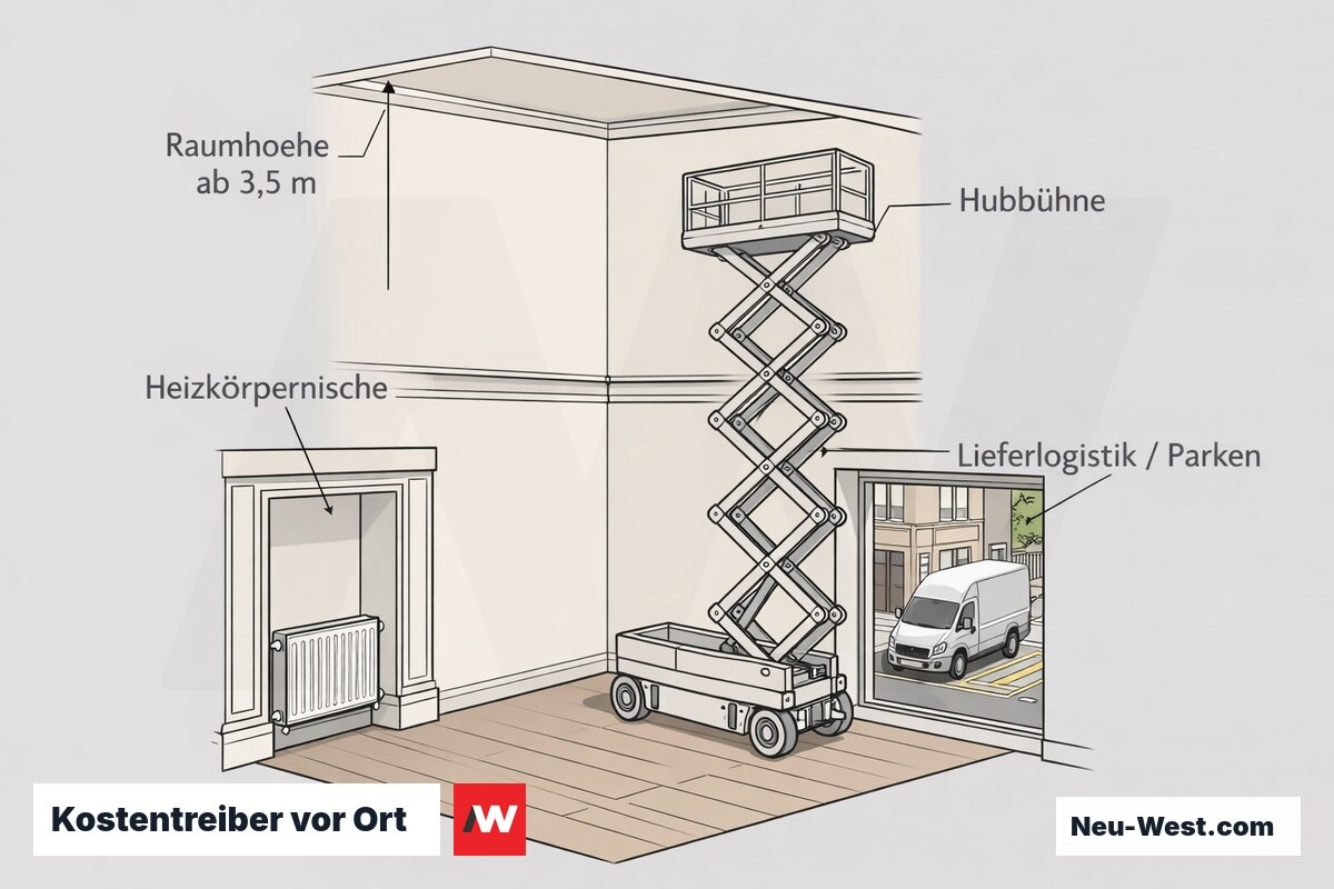 Cutaway eines hohen Berliner Raums mit Hubbühne, Heizkörpernische, Laibungen und innerstädtischer Lieferlogistik als Preistreiber der Malerarbeiten.