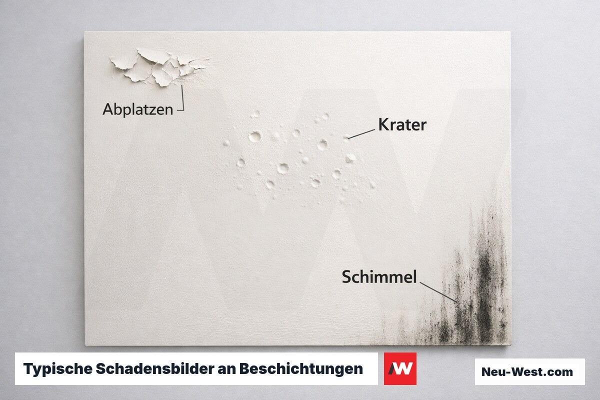 Typische Schadensbilder an Beschichtungen – Erklär-Grafik (NEUWEST Berlin)