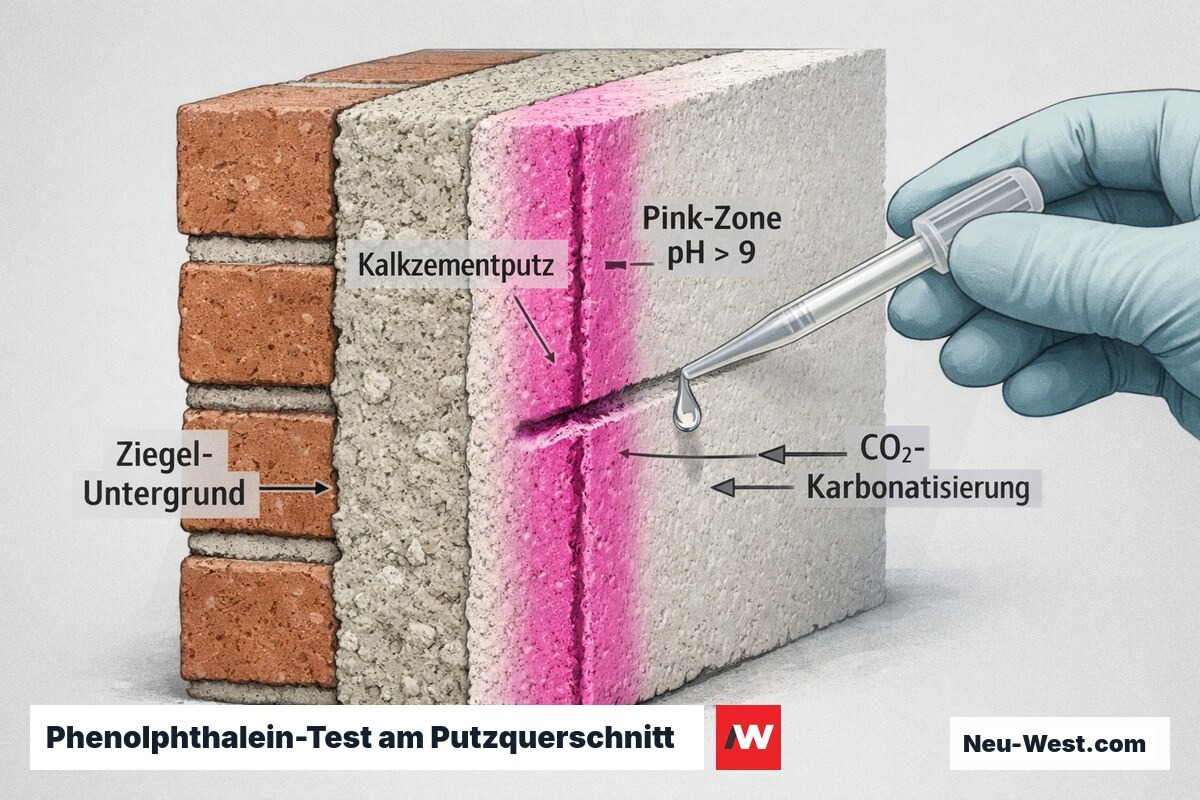 Querschnitt frischer Kalkzementputz auf Ziegelwand mit Phenolphthalein-Test: pinke alkalische Kernzone und karbonatisierte Randschicht.