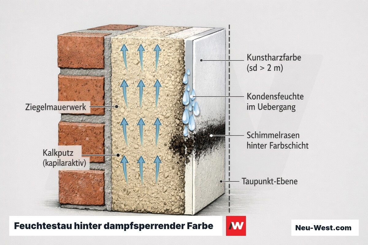 Wandquerschnitt: dampfsperrende Kunstharzfarbe auf Kalkputz staut Kondensfeuchte im Übergang und erzeugt verdeckten Schimmelrasen hinter der Farbschicht.