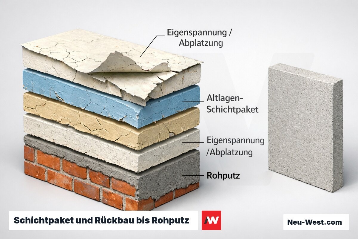 Querschnitt einer Wand mit Rohputz, vier Altanstrich-Lagen, abplatzendem Schichtpaket und rückgebautem Bereich bis auf den Rohputz.