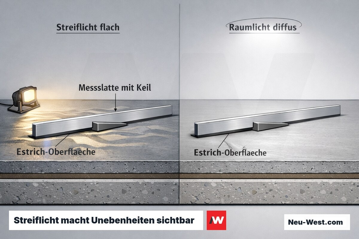Querschnitt einer Estrichfläche: flaches Streiflicht zeigt Unebenheiten, die unter diffusem Raumlicht unsichtbar bleiben, mit Messlatte und Keil zur Toleranzprüfung.