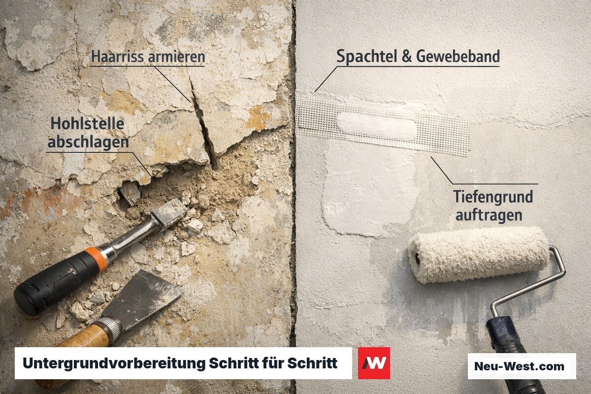 Wandquerschnitt zeigt alte schadhafte Putzschicht links und fachgerecht reparierte, grundierte Oberfläche rechts im Vergleich