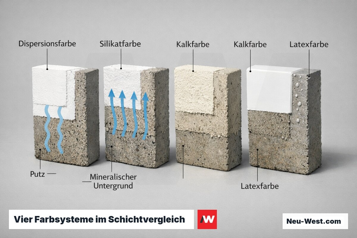 Querschnitte von vier Wandbeschichtungen nebeneinander zeigen Schichtaufbau und Diffusionseigenschaften von Dispersions-, Silikat-, Kalk- und Latexfar
