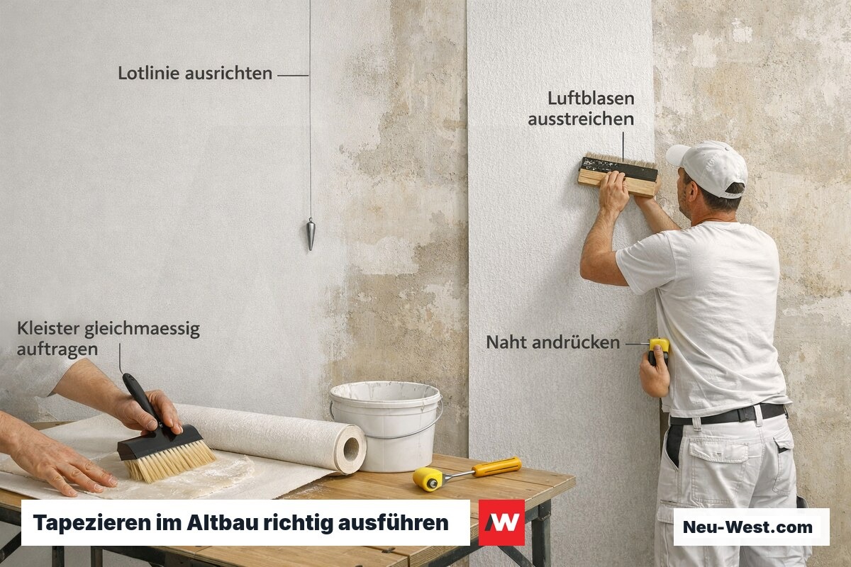 Maler tapeziert hohe Altbauwand, zeigt Arbeitsschritte von Kleistern über Ausrichten an Lotlinie bis Nahtverarbeitung
