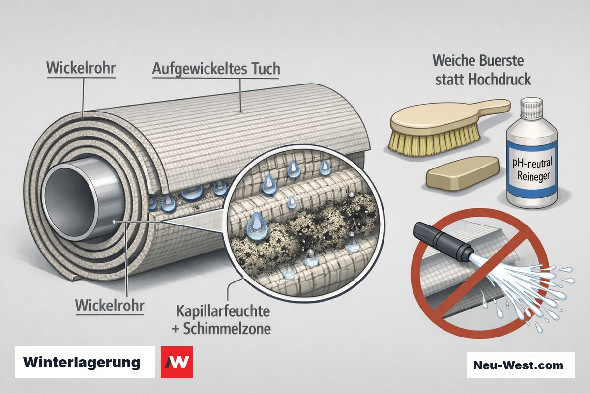 Querschnitt eines auf dem Wickelrohr aufgerollten Markisentuchs mit eingeschlossener Kapillarfeuchte und Schimmelzone sowie Reinigungshinweis pH-neutral statt Hochdruck.