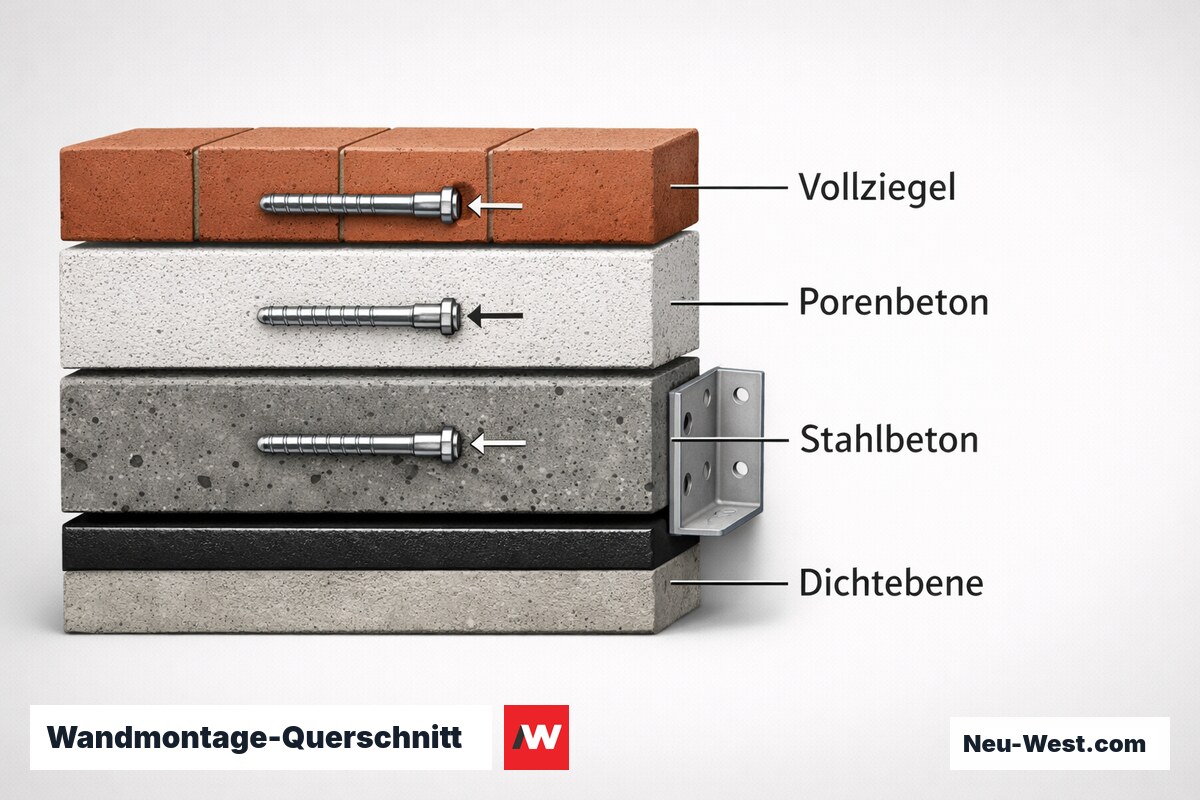 Wandmontage-Querschnitt: Dübel-Mindesteinbindtiefe nach Untergrund – Erklär-Grafik (NEUWEST Berlin)
