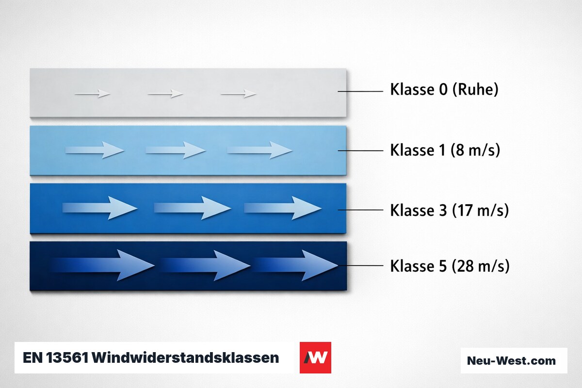 EN 13561 Windwiderstandsklassen: Prüfgeschwindigkeiten im Überblick – Erklär-Grafik (NEUWEST Berlin)
