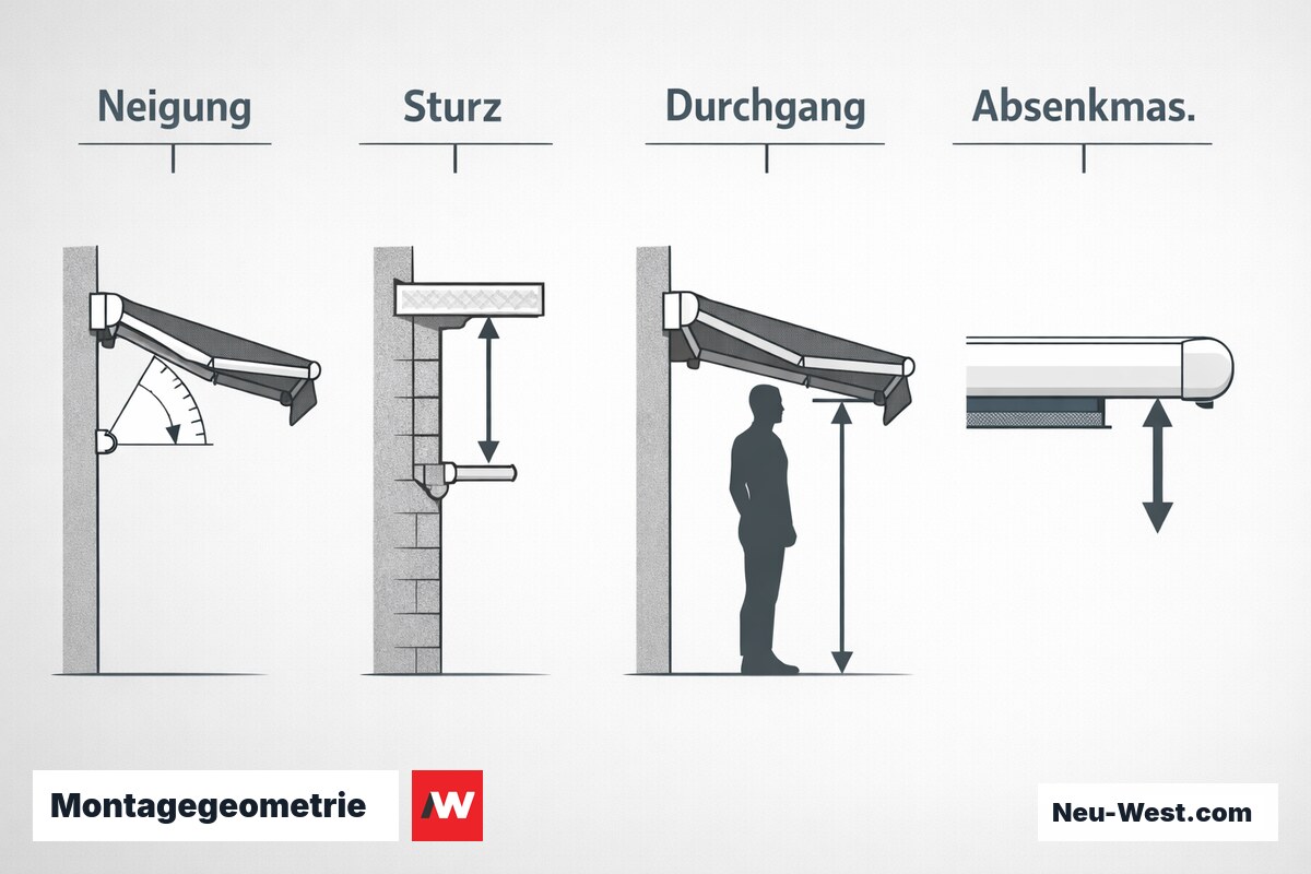 Montagegeometrie: Neigung, Sturz, Mindest-Durchgangshöhe und Absenkmaß – Erklär-Grafik (NEUWEST Berlin)