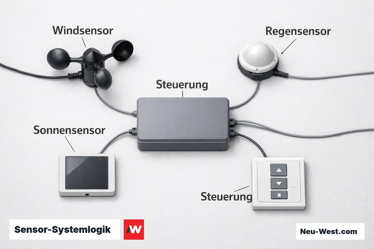 Sensor-Systemlogik: Windwächter, Regensensor und Sonnenautomat – Erklär-Grafik (NEUWEST Berlin)