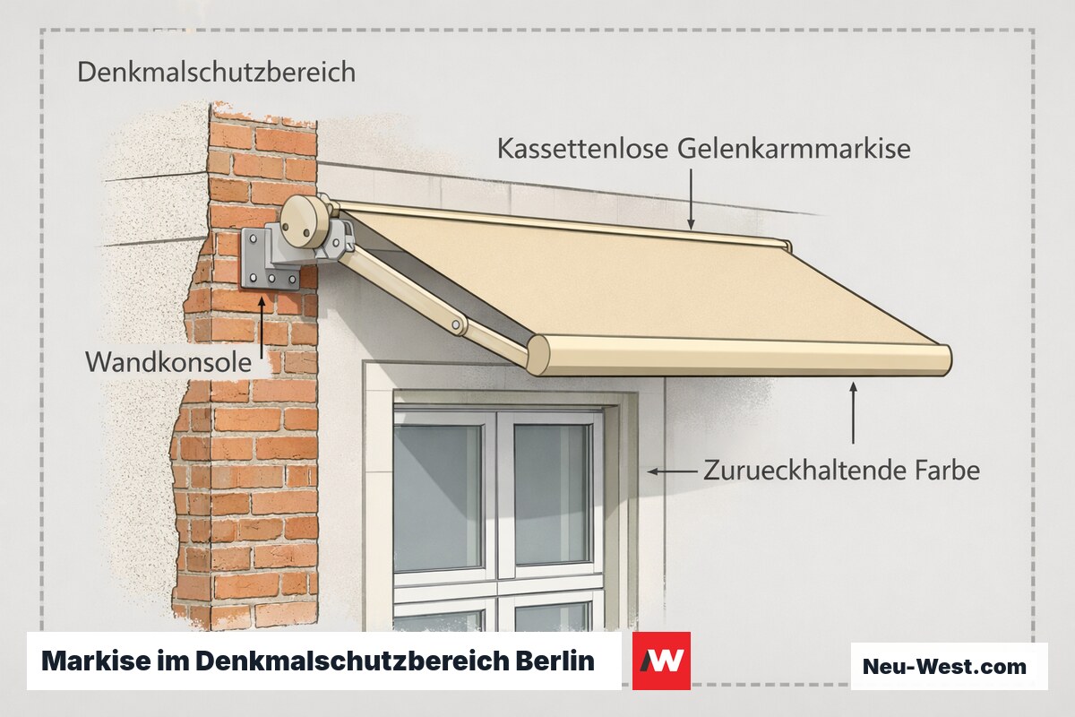 Querschnitt einer kassettenlosen Gelenkarmmarkise in zurückhaltender Farbe an einer Altbaufassade im Berliner Denkmalschutzbereich mit Wandkonsole.