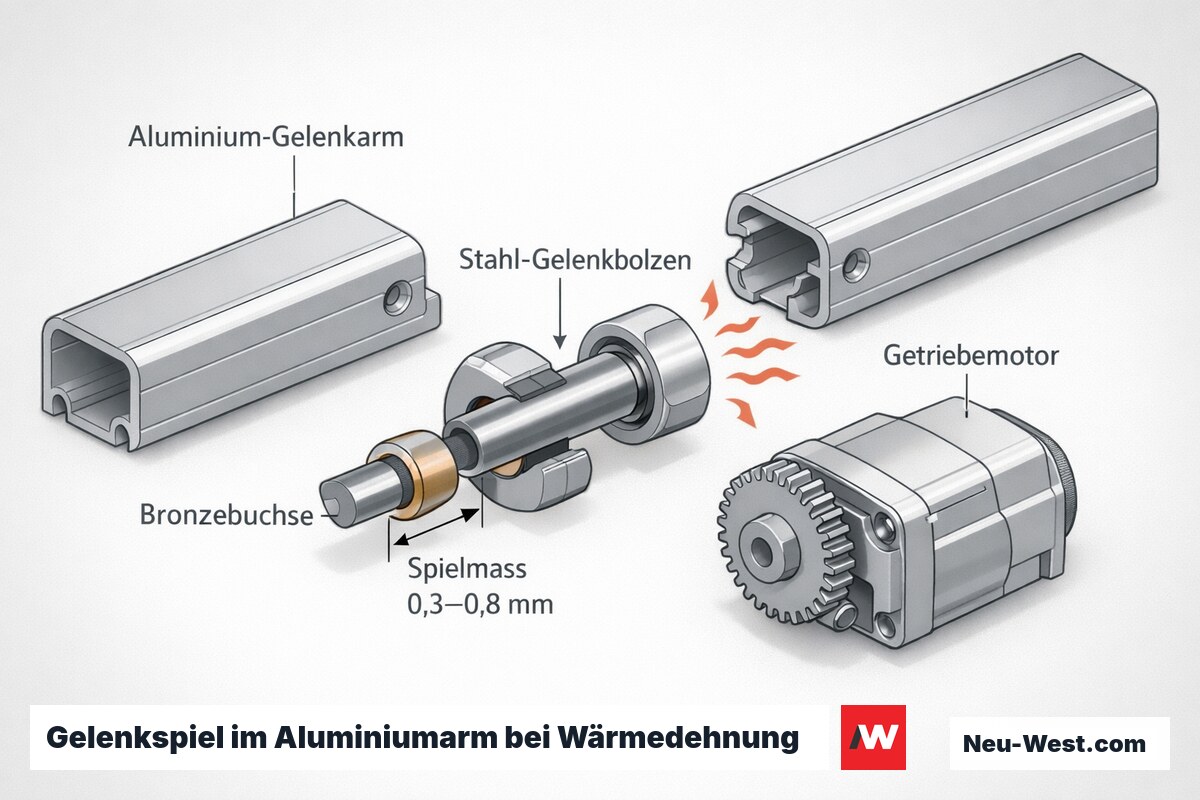 Cutaway eines Aluminium-Gelenkarms: Stahlbolzen in Bronzebuchse mit markiertem Spielmaß und Getriebemotor, Wärmedehnungssymbol.