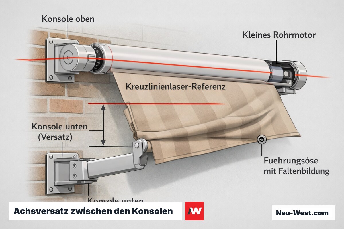 Detailschnitt einer Markise: zwei versetzt montierte Konsolen, Kreuzlinienlaser als Referenz, schräg laufendes Tuch mit Faltenbildung an der Führungsöse.