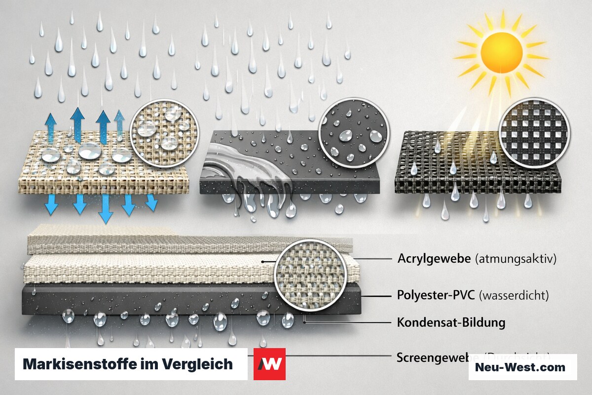 Vergleichs-Illustration dreier Markisenstoffe: atmungsaktives Acryl, wasserdichtes Polyester-PVC und lichtdurchlaessiges Screengewebe mit Wasserverhalten.
