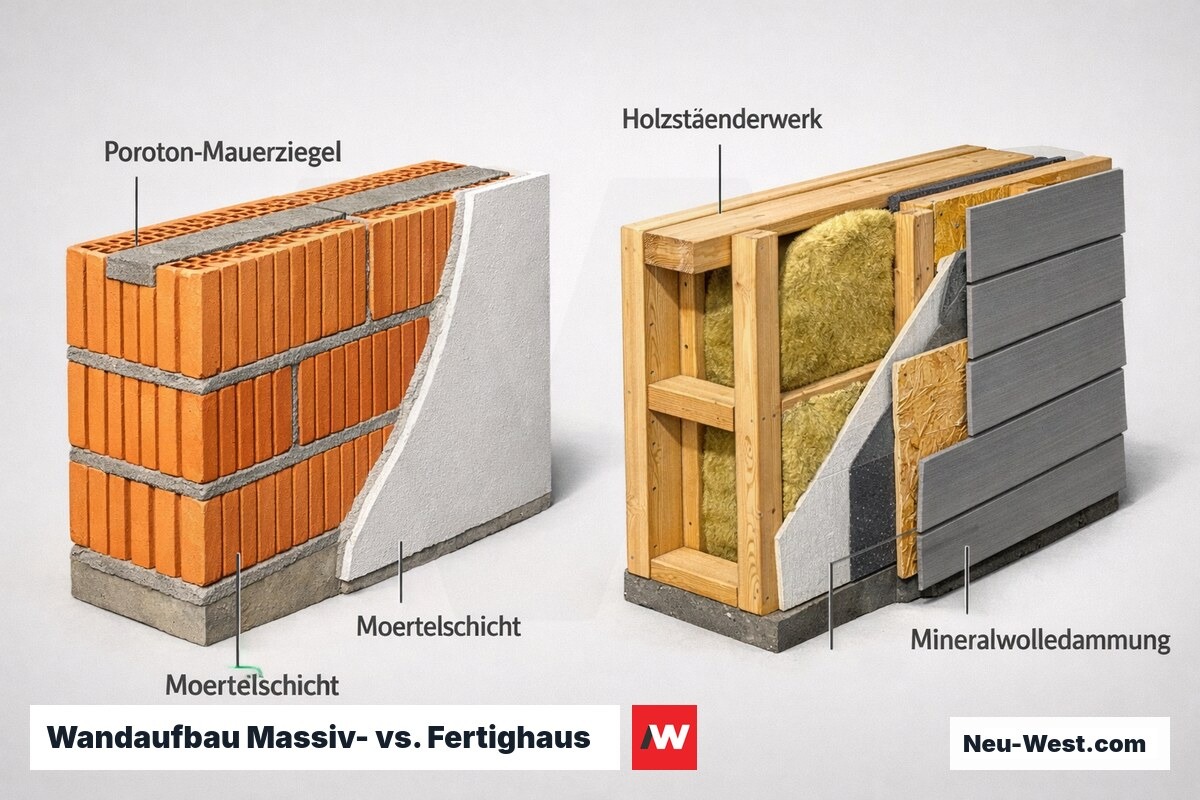 Querschnitt-Vergleich: links Mauerziegel-Wandaufbau mit Mörtel, rechts Holzständerwerk mit Mineralwolldämmung und OSB-Platte.