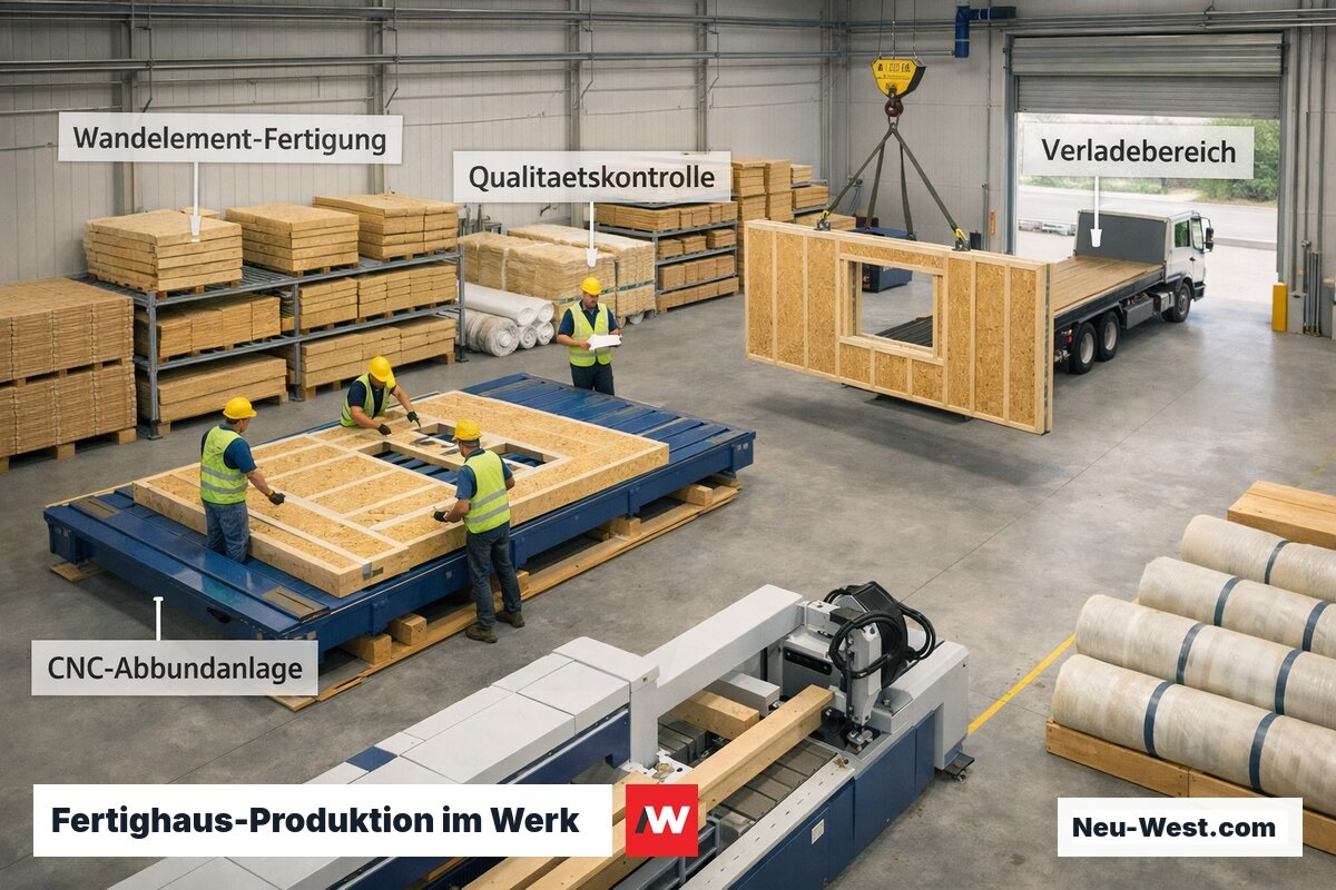 Hallenperspektive einer Fertighaus-Fabrik: Holzrahmen-Wandelemente auf Montagelinie, Kran hebt fertige Tafel auf LKW.