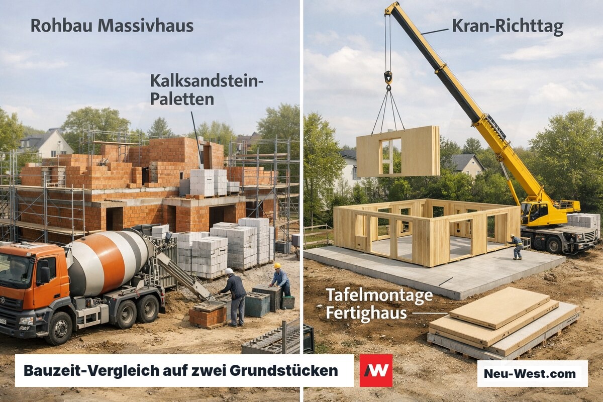 Zwei Berliner Baustellen nebeneinander: links Massivbau mit Mauerwerk-Etappen, rechts Fertighaus-Kran montiert Wandtafeln an einem Tag.