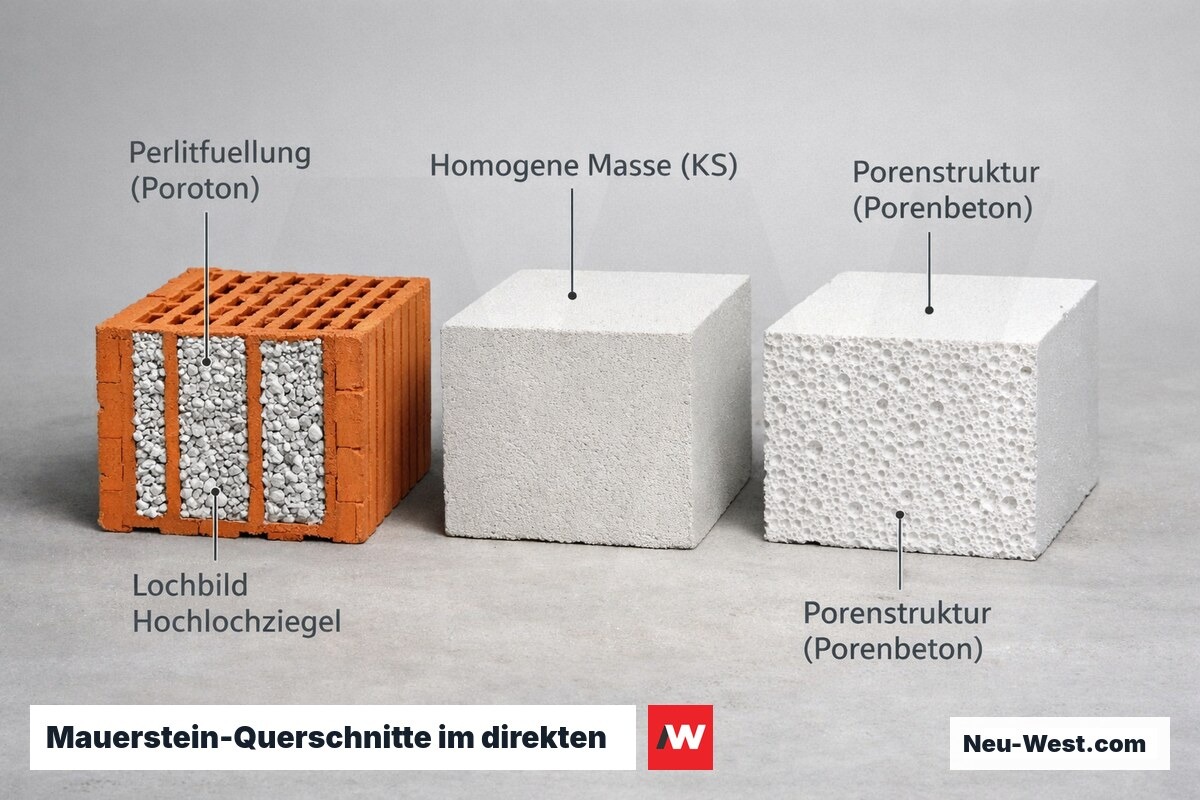 Drei aufgeschnittene Mauersteine nebeneinander: Poroton mit Perlitlöchern, dichter Kalksandstein und poröser Porenbeton im Querschnitt.