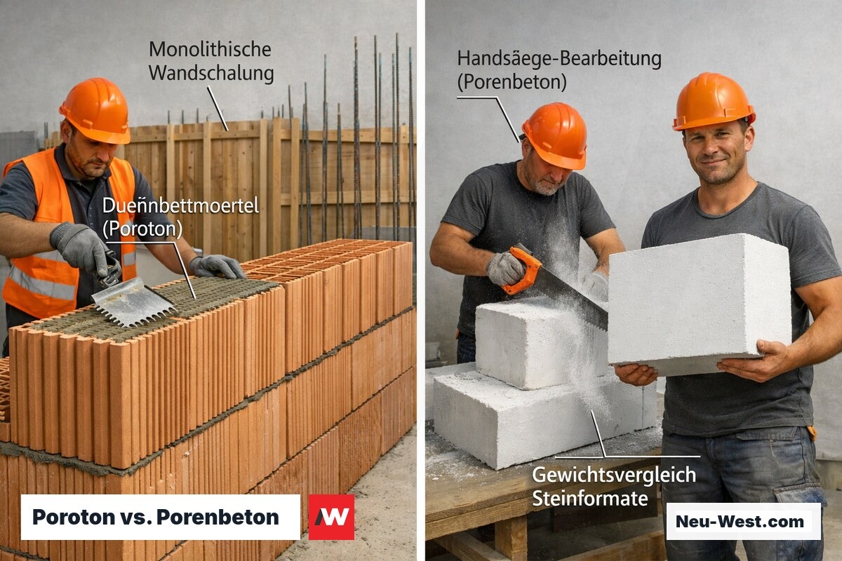 Zwei Maurer auf einer Baustelle: links Verlegen von Poroton-Hochlochziegeln mit Dünnbettmörtel, rechts Sägen leichter Porenbeton-Steine.