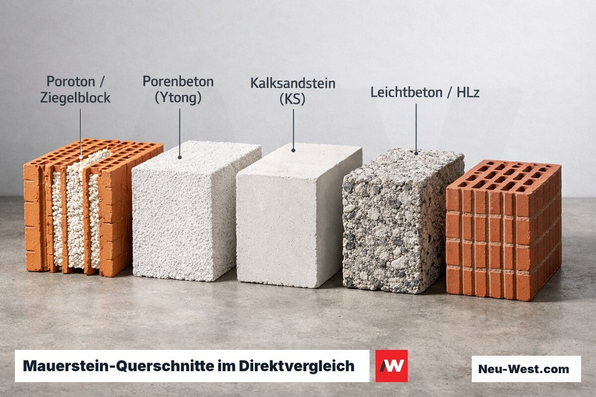 Fünf aufgeschnittene Mauerstein-Typen nebeneinander: Poroton, Porenbeton, Kalksandstein, Leichtbeton und Hochlochziegel im Materialvergleich.