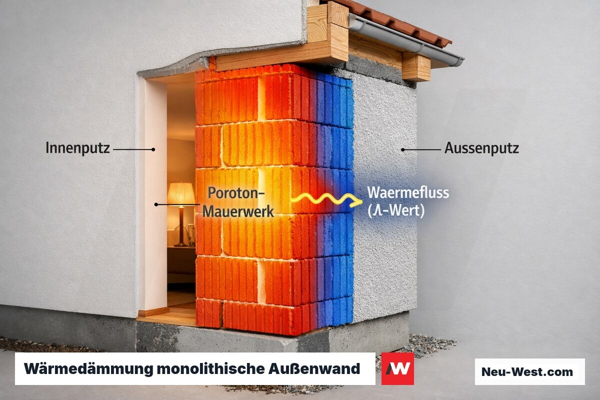Wandquerschnitt mit Infrarot-Wärmegradient zeigt Temperaturdurchgang durch 36,5 cm Poroton-Mauerwerk von innen nach außen.