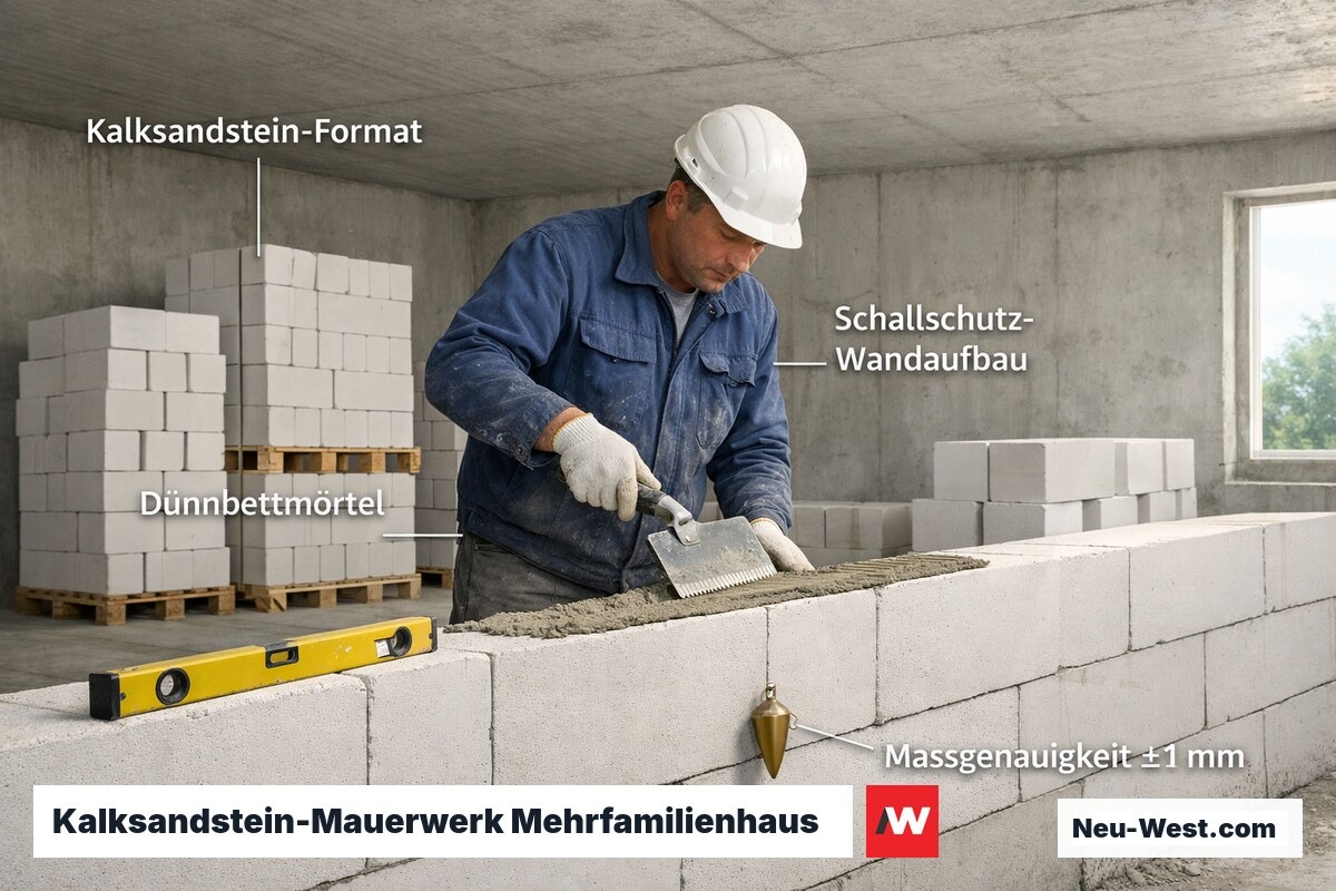 Maurer setzt Kalksandstein-Großblöcke im Dünnbettverfahren für eine Trennwand im Rohbau eines Mehrfamilienhauses.