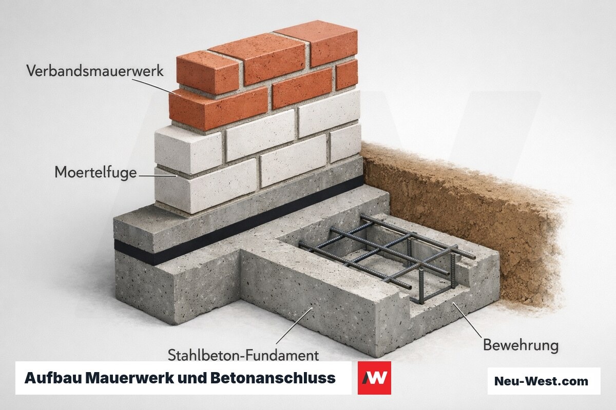 Querschnitt zeigt bewehrtes Betonfundament, Feuchtesperre und verbandsgemauerte tragende Wand aus Ziegel und Kalksandstein.