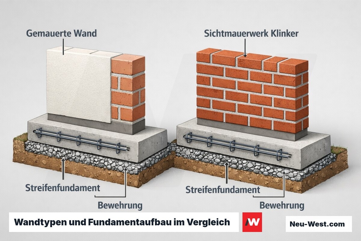Querschnitt vergleicht einfache gemauerte Wand und Klinker-Sichtmauerwerk ueber Streifenfundament mit Bewehrung und Erdreich.