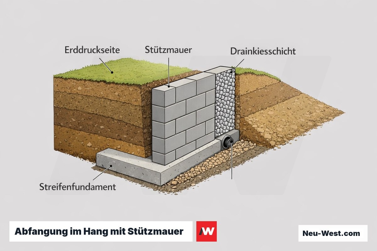 Isometrischer Schnitt einer Hang-Abfangung: Betonstreifenfundament, gemauerte Stützmauer, Drainkiesschicht und Drainrohr gegen Erddruck.