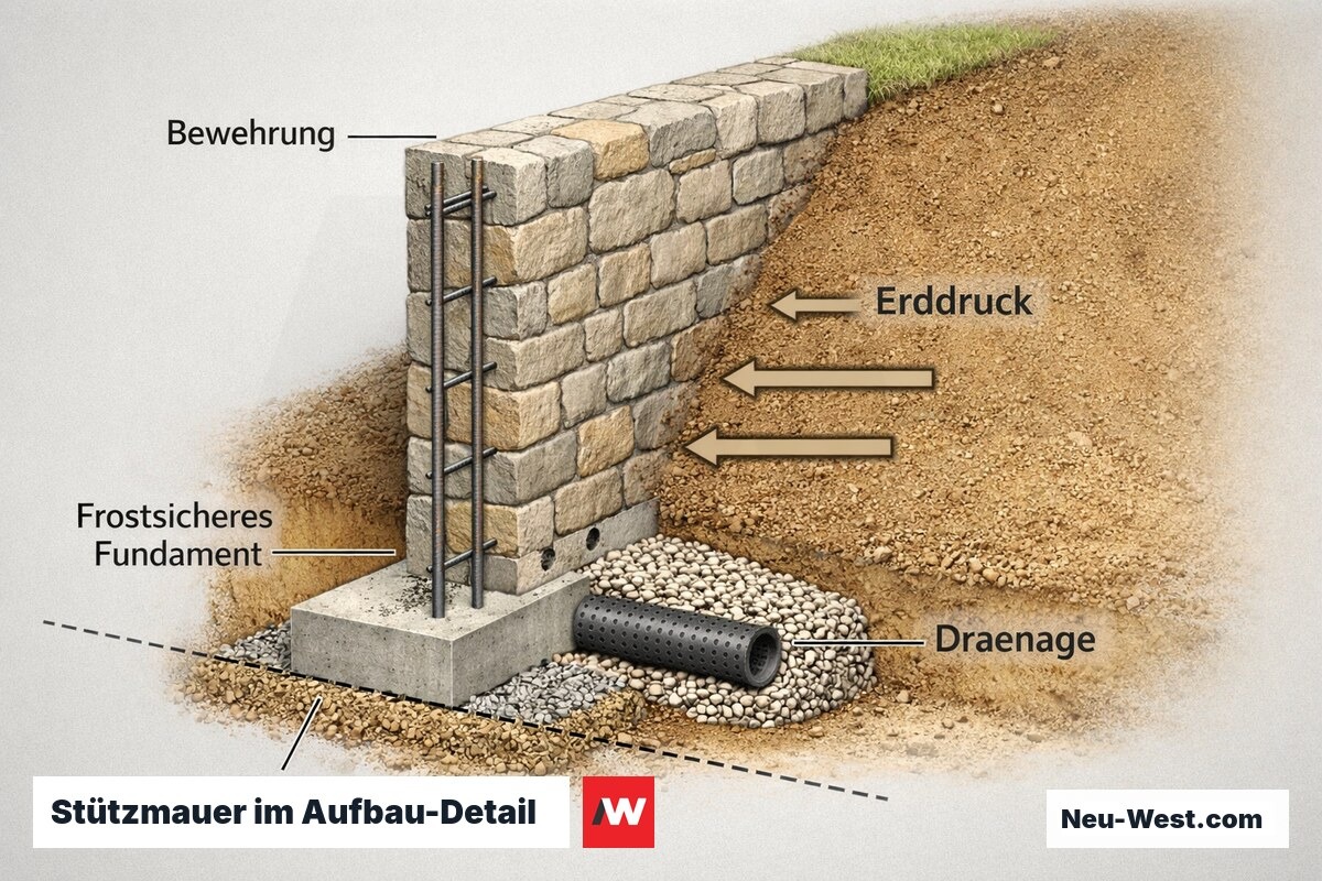 Querschnitt einer Stützmauer mit frostsicherem Fundament, Bewehrung, Dränagerohr und Pfeilen für den seitlichen Erddruck des Erdreichs.