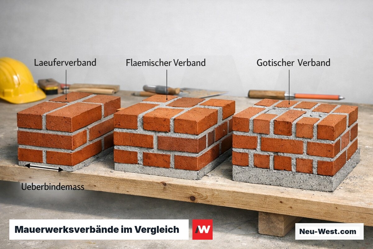 Querschnitt dreier Mauerwerksverbände – Läufer-, Flämischer und Gotischer Verband – mit sichtbarem Steinversatz und Mörtelverteilung.