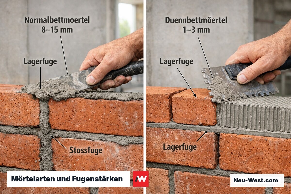 Maurer trägt Normal- und Dünnbettmörtel auf Ziegelsteine auf; Vergleich der Lagerfugenstärken 8–15 mm und 1–3 mm.