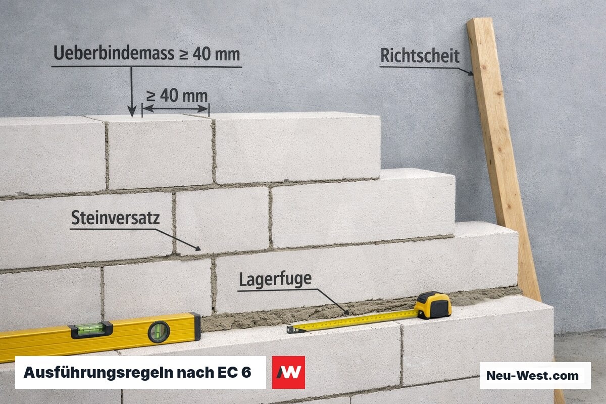 Mauerwerkswand im Bau mit Wasserwaage und Maßband; markiertes Überbindemaß und korrekte Fugenausführung nach Eurocode 6.