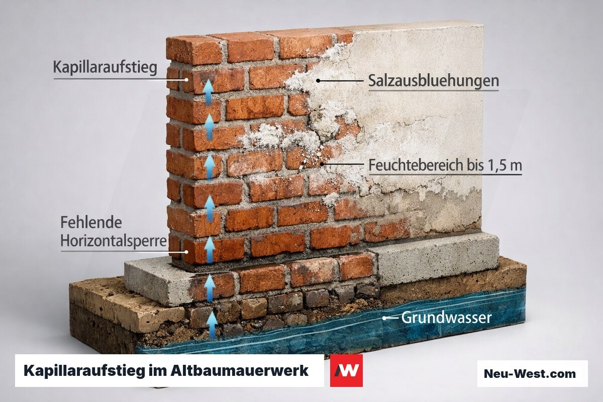 Querschnitt eines Ziegelmauerwerks mit sichtbarem Feuchteaufstieg, Salzausblühungen und fehlender Horizontalsperre