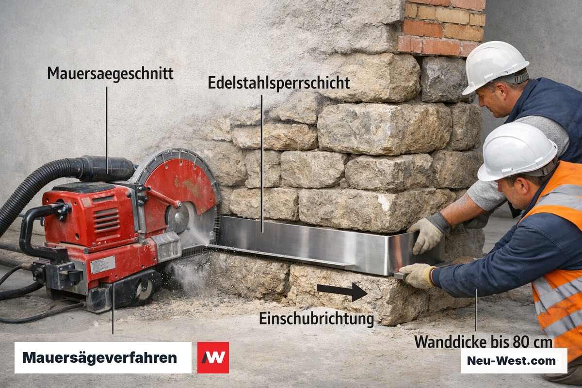 Mauersäge schneidet horizontalen Schlitz in Mauerwerk, Edelstahlfolie wird als Feuchtigkeitssperre eingeschoben