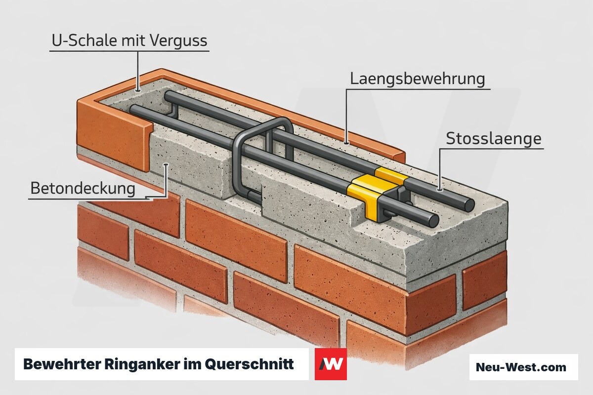 Querschnitt eines bewehrten Ringankers auf Mauerwerk mit Längsbewehrung, Betondeckung, Stoßlänge und vergossener U-Schale.