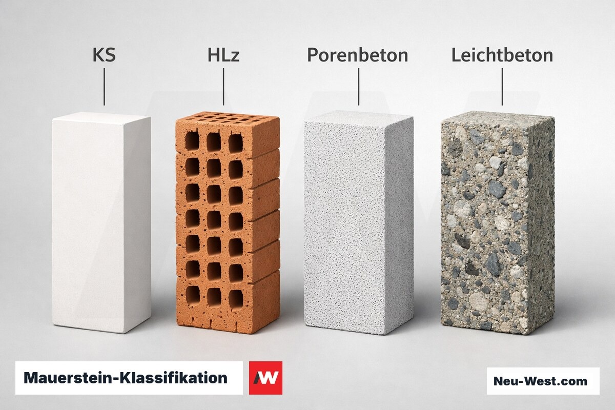 Mauerstein-Klassifikation: Rohdichte, λ-Wert und Druckfestigkeitsklasse im Vergleich – Erklär-Grafik (NEUWEST Berlin)