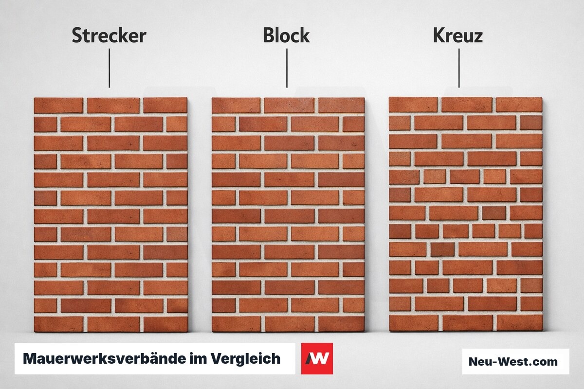 Mauerwerksverbände im Vergleich: Überbindemaß und statische Wirkungsrichtung – Erklär-Grafik (NEUWEST Berlin)