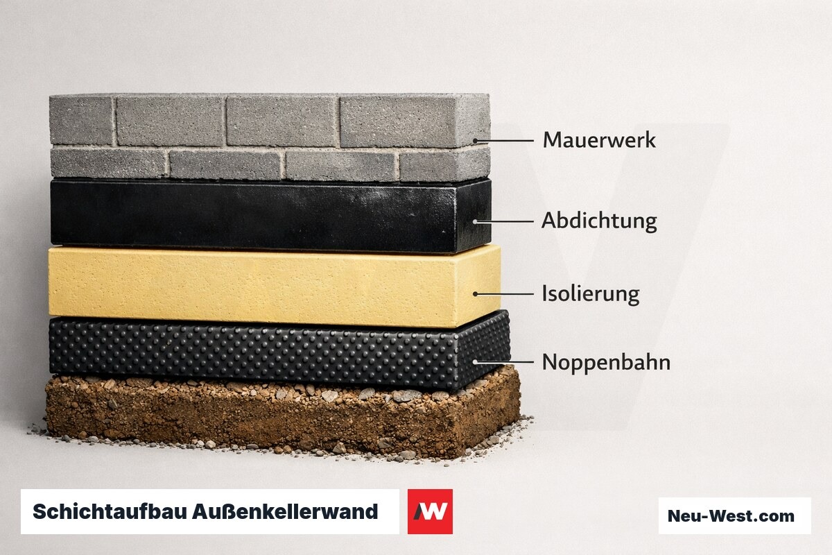 Schichtaufbau Außenkellerwand: Abdichtung und Perimeterschutz nach DIN 18533 – Erklär-Grafik (NEUWEST Berlin)