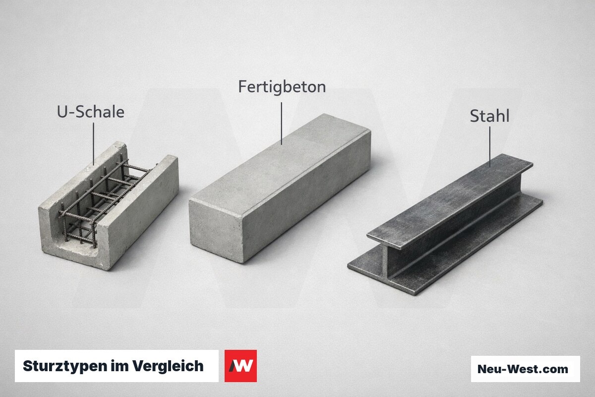 Sturztypen im Vergleich: U-Schalen-Sturz, Fertigbetonsturz, Stahlsturz – Erklär-Grafik (NEUWEST Berlin)