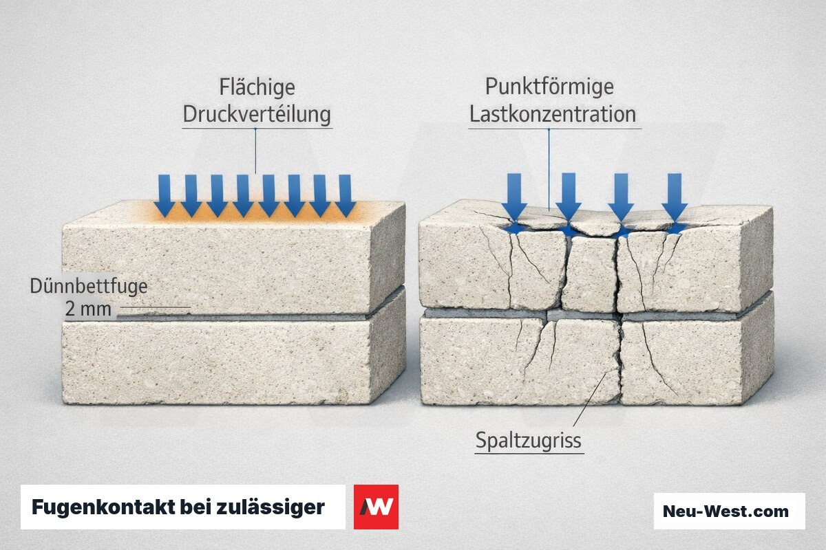 Querschnitt-Vergleich zweier Dünnbettfugen: links flächige Druckverteilung bei planparallelen Steinen, rechts Punktlast und Spaltzugriss bei unebener Steingeometrie.