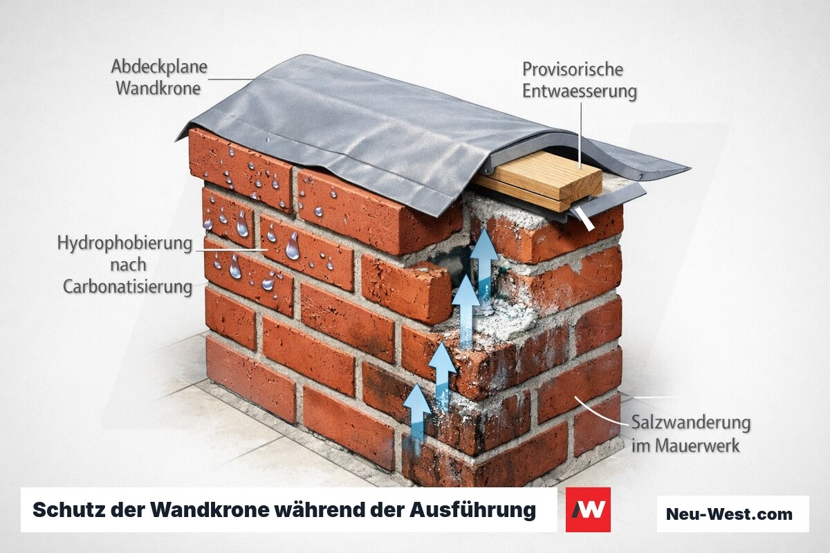 Querschnitt einer Sichtmauerwerk-Wandkrone mit Abdeckplane, provisorischer Entwässerung und Hydrophobierung zur Vermeidung von Ausblühungen.